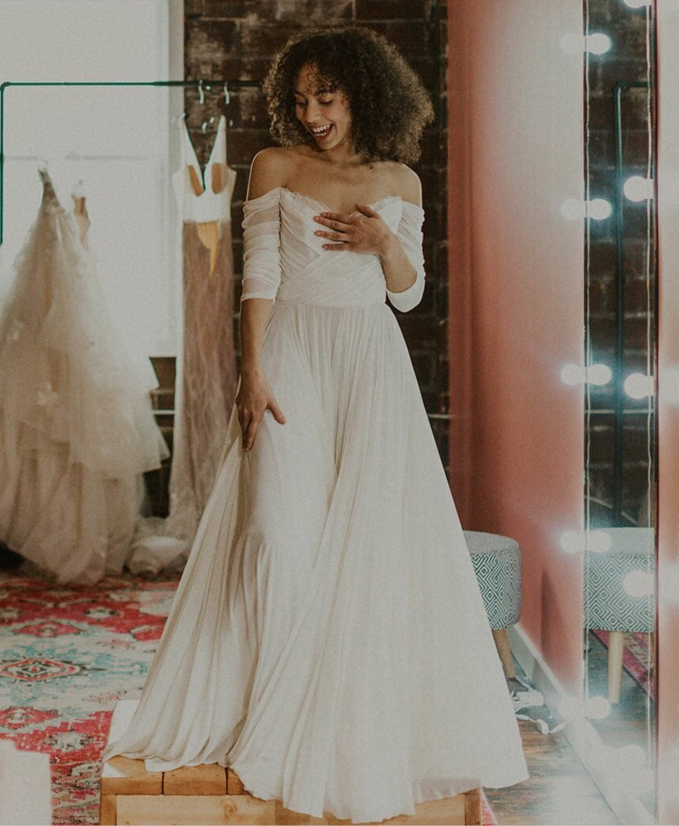 Model wearing a white bridal dress