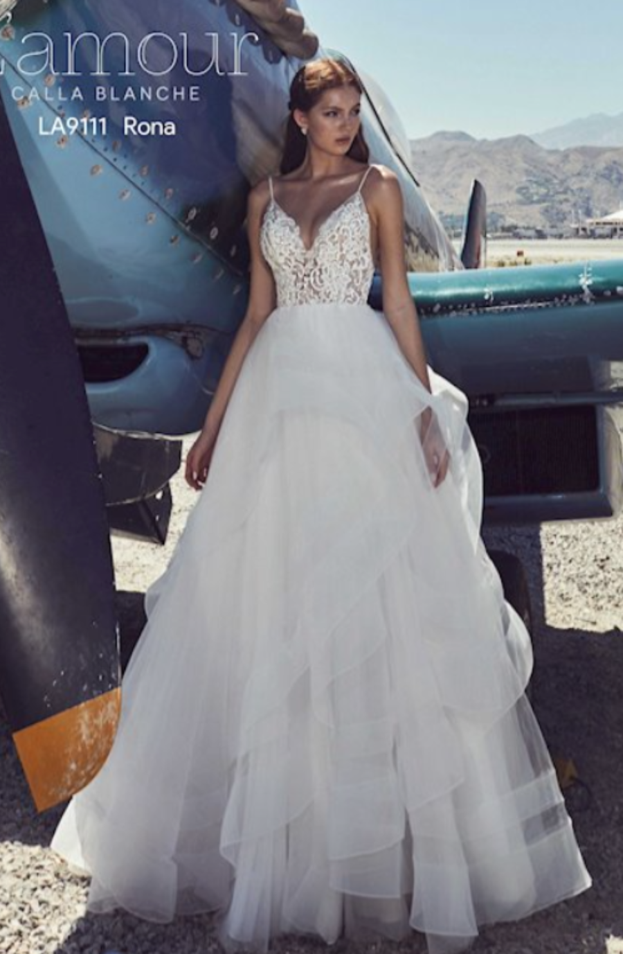A woman in a lace and tulle wedding gown stands next to a vintage airplane under a clear sky. The scene conveys elegance and adventure.